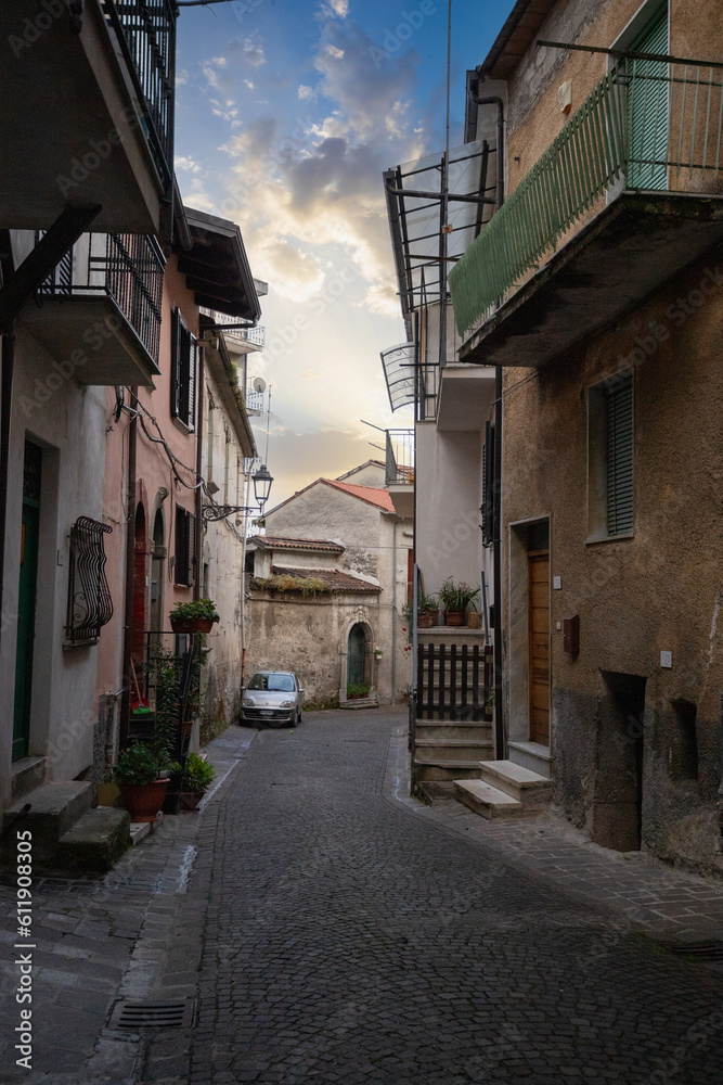 Italian mountain village, the old town with the historic houses and narrow streets in Polla, Campania, Salerno, Italy