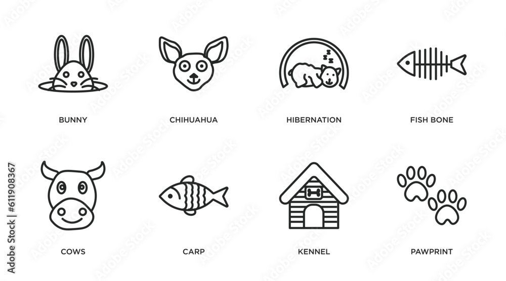 animals outline icons set. thin line icons such as bunny, chihuahua, hibernation, fish bone, cows, carp, kennel, pawprint vector.
