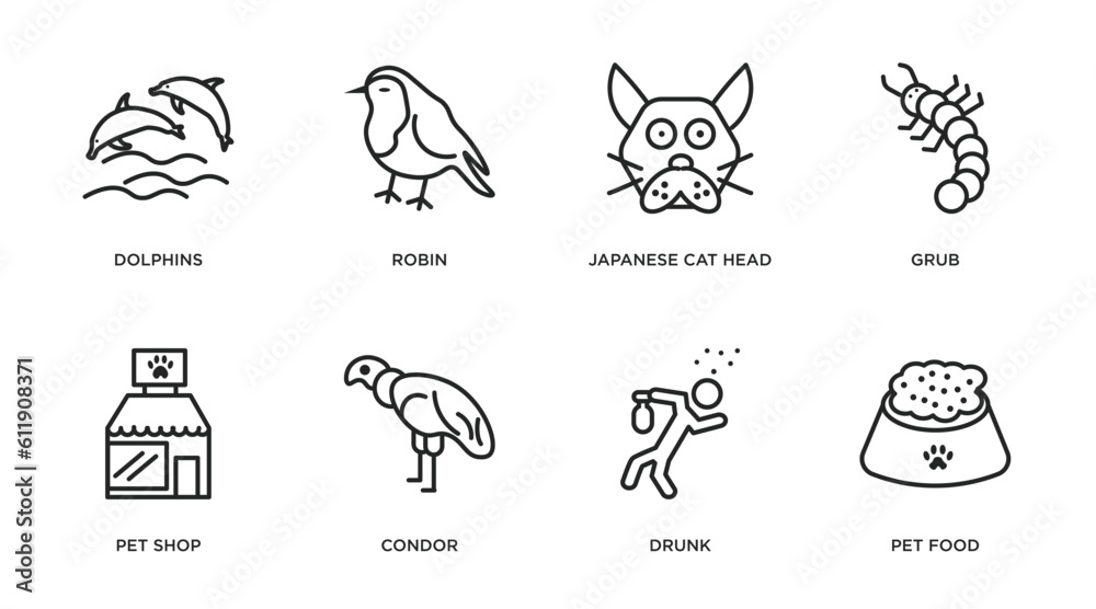 animals outline icons set. thin line icons such as dolphins, robin, japanese cat head, grub, pet shop, condor, drunk, pet food vector.