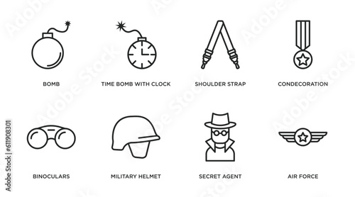 army and war outline icons set. thin line icons such as bomb, time bomb with clock, shoulder strap, condecoration, binoculars, military helmet, secret agent, air force vector.
