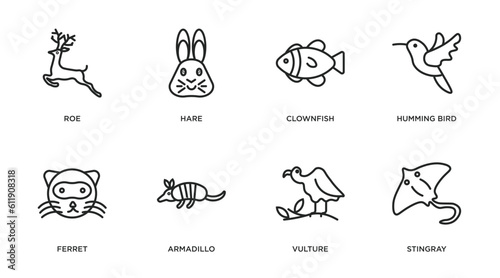 animals outline icons set. thin line icons such as roe, hare, clownfish, humming bird, ferret, armadillo, vulture, stingray vector.