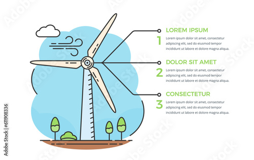 Wind energy concept - wind turbine with three elements for your text, line style, infographic template, vector eps10 illustration