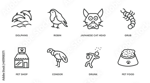 animals outline icons set. thin line icons such as dolphins, robin, japanese cat head, grub, pet shop, condor, drunk, pet food vector.