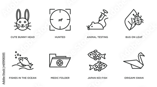 animals outline icons set. thin line icons such as cute bunny head, hunted, animal testing, bug on leaf, fishes in the ocean, medic folder, japan koi fish, origami swan vector.