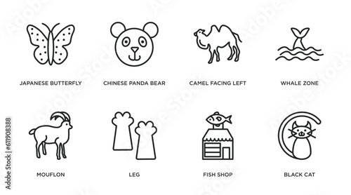 animals outline icons set. thin line icons such as japanese butterfly, chinese panda bear, camel facing left, whale zone, mouflon, leg, fish shop, black cat vector.