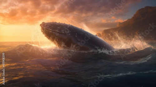 A chilled-out whale floating on the surface of the ocean, spraying water from its blowhole and basking in the sun - Generative ai