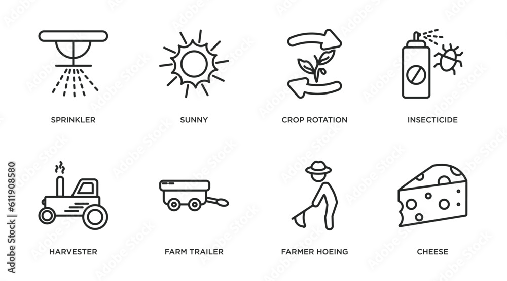 agriculture farming outline icons set. thin line icons such as sprinkler, sunny, crop rotation, insecticide, harvester, farm trailer, farmer hoeing, cheese vector.