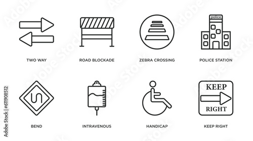 alert outline icons set. thin line icons such as two way, road blockade, zebra crossing, police station, bend, intravenous, handicap, keep right vector.