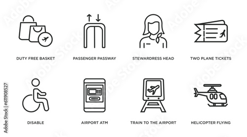 airport terminal outline icons set. thin line icons such as duty free basket, passenger passway, stewardress head, two plane tickets, disable, airport atm, train to the airport, helicopter flying