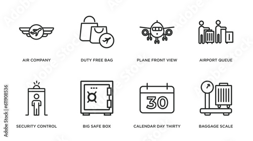 airport terminal outline icons set. thin line icons such as air company, duty free bag, plane front view, airport queue, security control, big safe box, calendar day thirty, baggage scale vector.