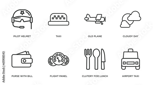 airport terminal outline icons set. thin line icons such as pilot helmet, taxi, old plane, cloudy day, purse with bill, flight panel, clutery for lunch, airport taxi vector. photo