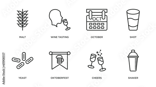 alcohol outline icons set. thin line icons such as malt, wine tasting, october, shot, yeast, oktoberfest, cheers, shaker vector.