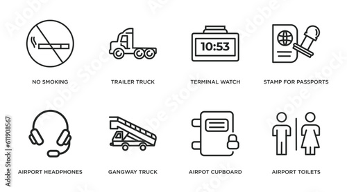 airport terminal outline icons set. thin line icons such as no smoking, trailer truck, terminal watch, stamp for passports, airport headphones, gangway truck, airpot cupboard, airport toilets