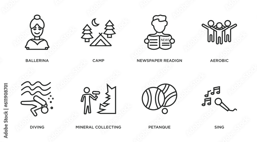 activity and hobbies outline icons set. thin line icons such as ballerina, camp, newspaper readign, aerobic, diving, mineral collecting, petanque, sing vector.