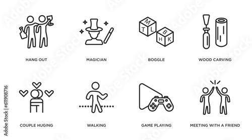 activity and hobbies outline icons set. thin line icons such as hang out, magician, boggle, wood carving, couple huging, walking, game playing, meeting with a friend vector.