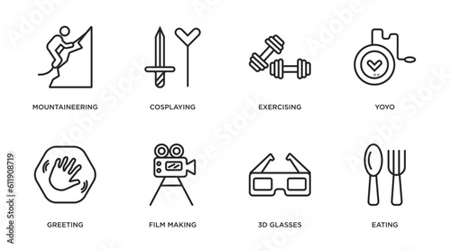 activity and hobbies outline icons set. thin line icons such as mountaineering  cosplaying  exercising  yoyo  greeting  film making  3d glasses  eating vector.