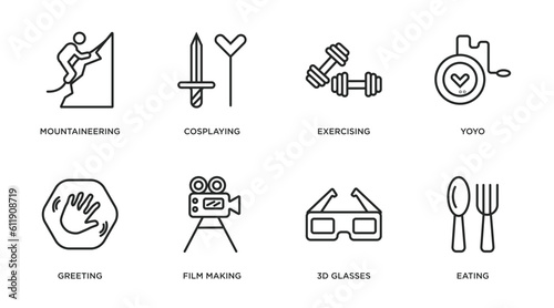 activity and hobbies outline icons set. thin line icons such as mountaineering, cosplaying, exercising, yoyo, greeting, film making, 3d glasses, eating vector.