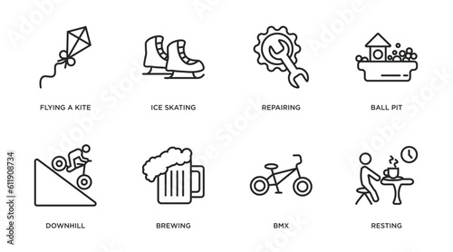activity and hobbies outline icons set. thin line icons such as flying a kite, ice skating, repairing, ball pit, downhill, brewing, bmx, resting vector.