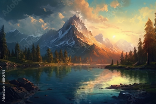 Fairy-tale painted landscape with picturesque mountains and a lake. © Andreas