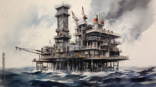Petroleum platform oil and gas at sea. Generative AI © Alex Bur