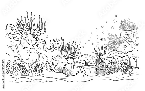 Underwater world coloring page. Coloring page life in the ocean with algae.