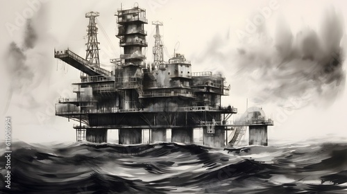 Petroleum platform oil and gas at sea. Generative AI © Alex Bur