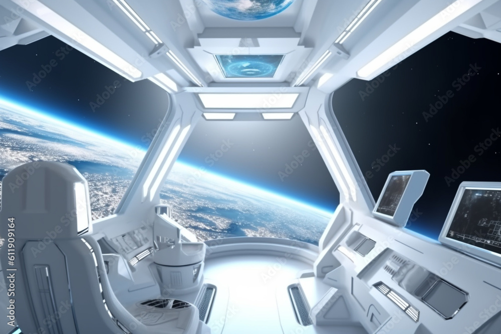 White clean spaceship interior with view on planet Earth White clean spaceship interior with view on planet Earth