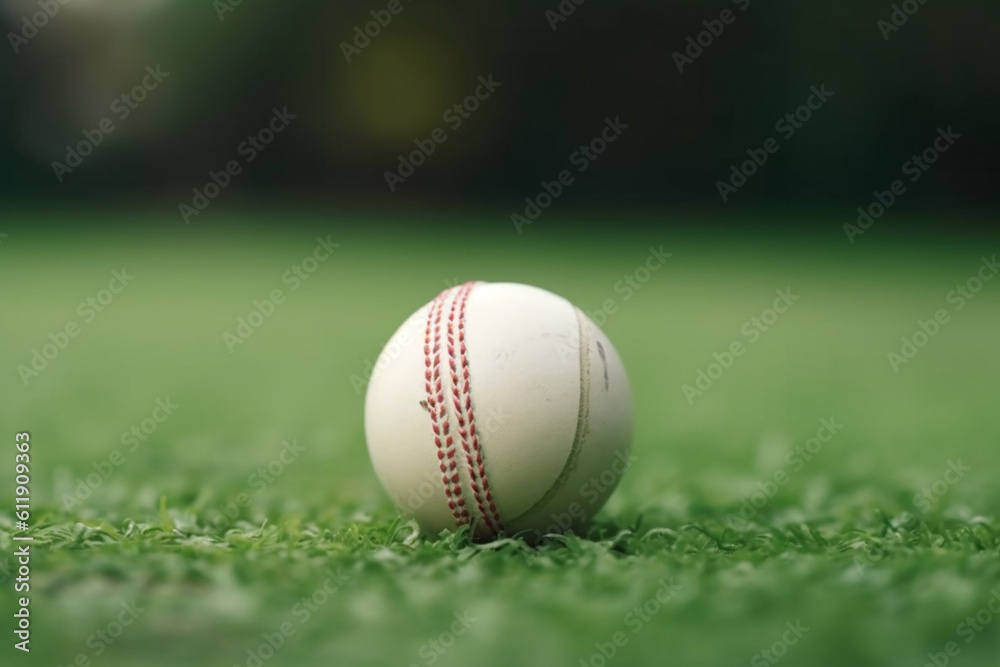 white cricket ball on a green surface, Selective Focus