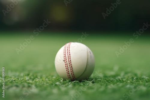 white cricket ball on a green surface, Selective Focus