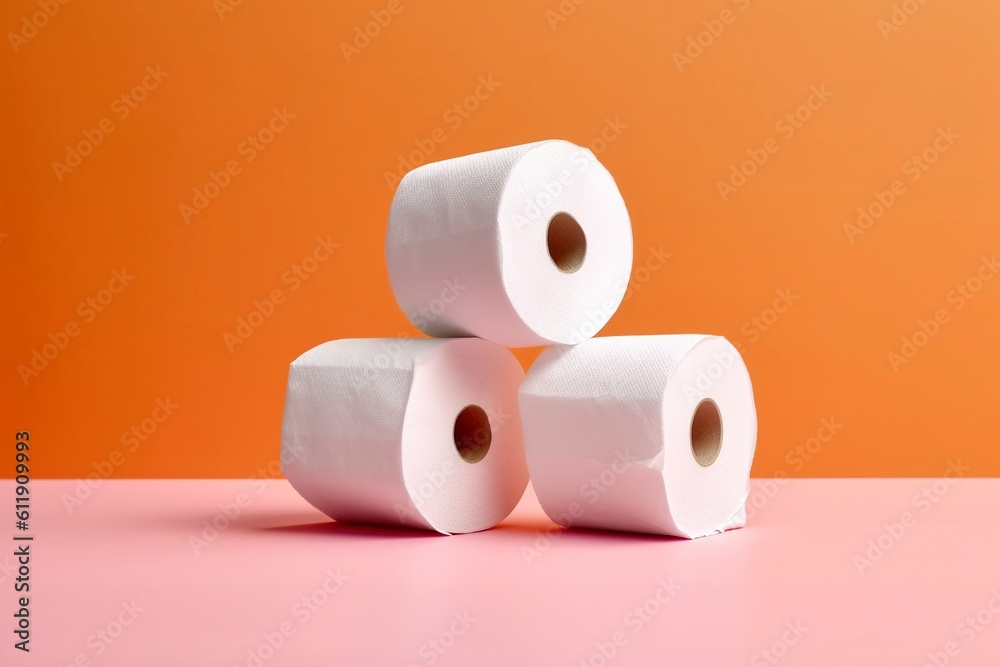 Toilet paper rolls stacked in studio background. Ai generated. Stock