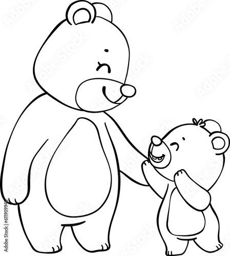 Cute happy mama teddy bear and baby bear mother's day cartoon animal outline hand drawing