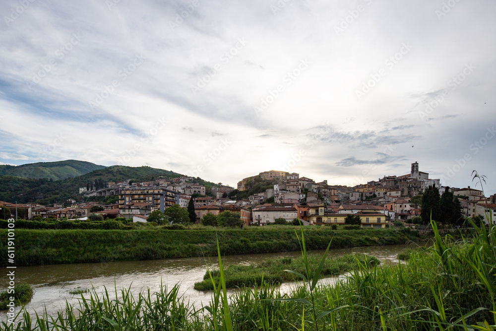 Italian hilltop village, historic, mediterranean skyline with old houses and church of Polla, Campania, Salerno, Italy