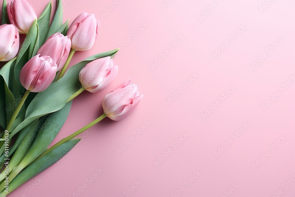 In the corner of a flat, pink background, vibrant tulips bloom, adding a touch of feminine elegance. AI Generated
