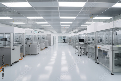 Wide shot of Bright Advanced Semiconductor Production Fab Cleanroom with Working Overhead Wafer Transfer System