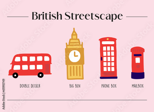 Set of illustrations of icons of a British street