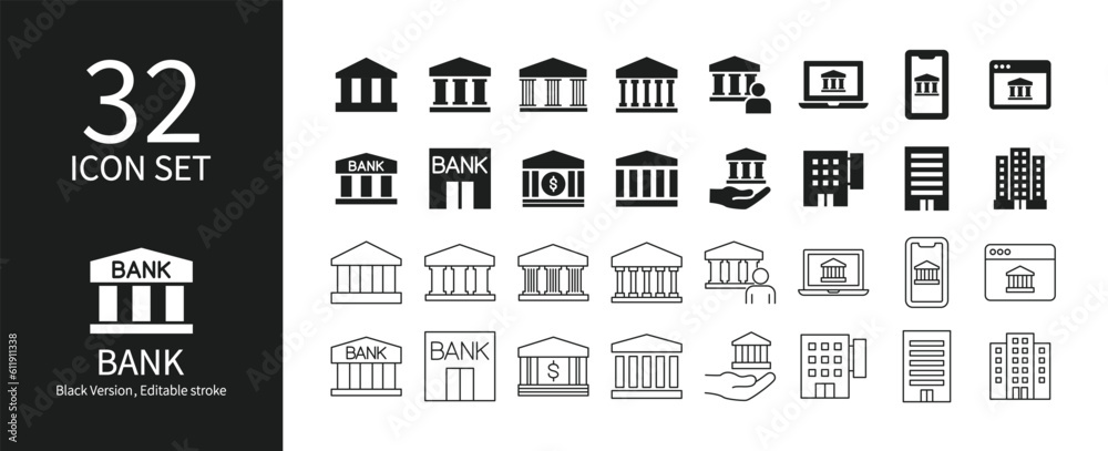 Bank icon set of various shapes