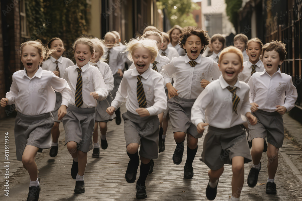 Happy_school_children_running_out_from_school. Generative IA Happy_school_children_running_out_from_school. Generative IA