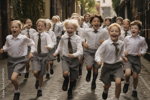 Happy_school_children_running_out_from_school. Generative IA
