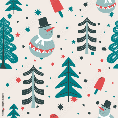 Winter scene with snowmen and pine tree forest