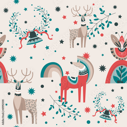 Winter theme, deer and horse, bells and foliage