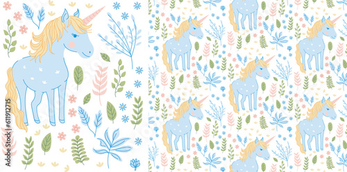 Magical unicorn pattern. Flat seamless repeating pattern. Editable vector file. Can use as background, print, fashion fabric, wallpaper, wrapping paper, etc.