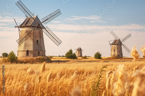 Windmills in a wheat field on a sunny day.
