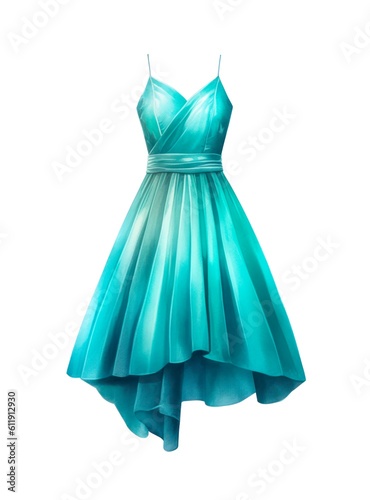 Watercolor illustration of a cyan female dress isolated on white background. Generative AI.