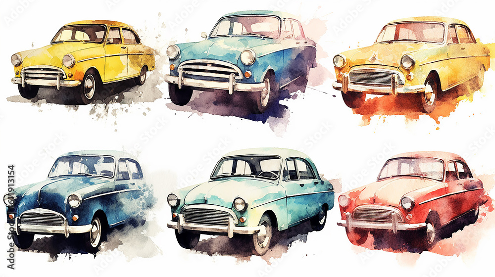 vintage small cars watercolor on white background. generative ai