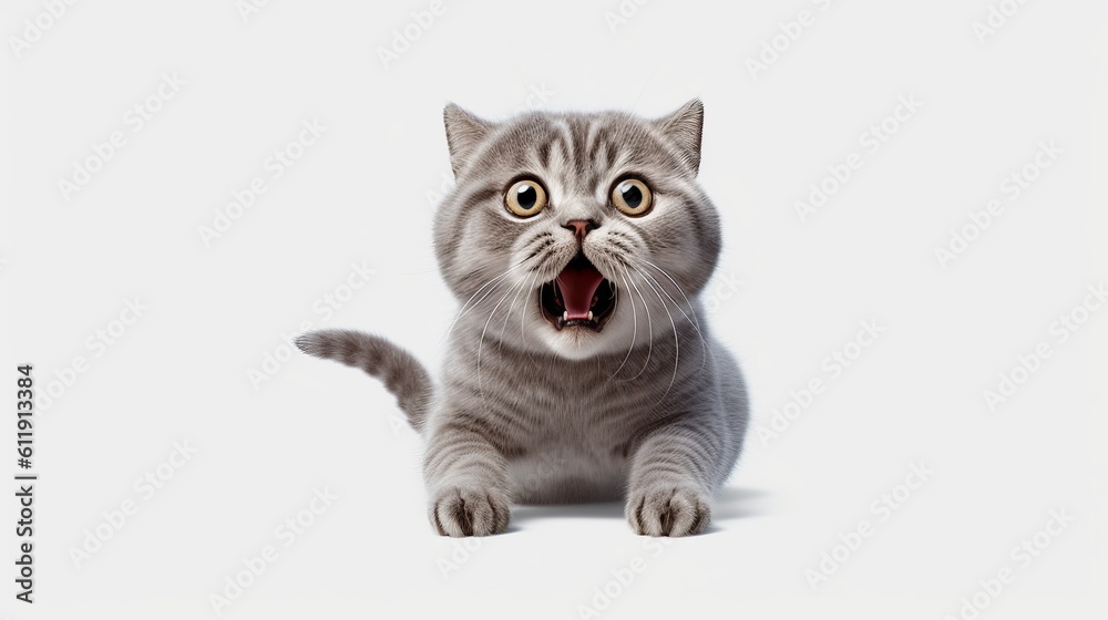 Close-up Funny Portrait of Frightened Cat with Huge Eyes. Isolated on White Background. AI generative. Close-up Funny Portrait of Frightened Cat with Huge Eyes. Isolated on White Background. AI generative.