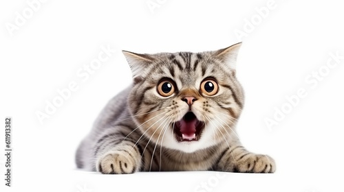 Close-up Funny Portrait of Frightened Cat with Huge Eyes. Isolated on White Background. AI generative.