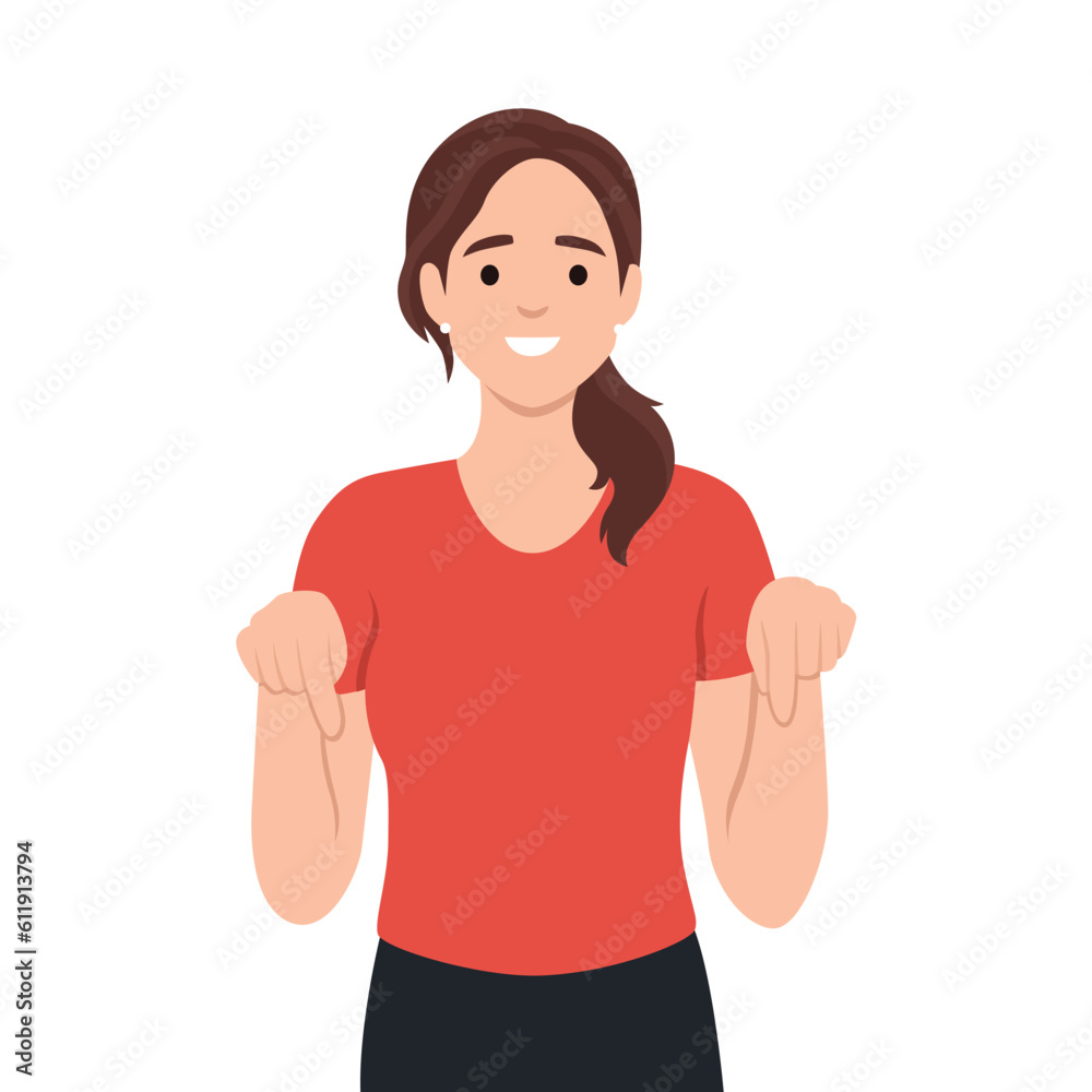 Young woman point down to blank space. Flat vector illustration isolated on white background Young woman point down to blank space. Flat vector illustration isolated on white background