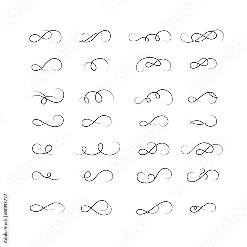 Set of different swirls. Calligraphy swirls, borders, divider, ornaments. Collection of decorative design elements. Vector illustration. 