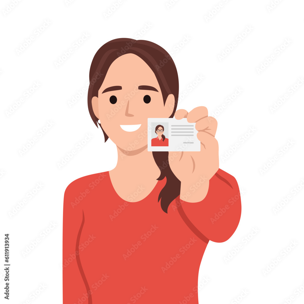 Positive woman shows badge with photo of personal data issued for use in office of corporation. Casual girl with smile and pride demonstrates document to employee company. Flat vector illustration Positive woman shows badge with photo of personal data issued for use in office of corporation. Casual girl with smile and pride demonstrates document to employee company. Flat vector illustration