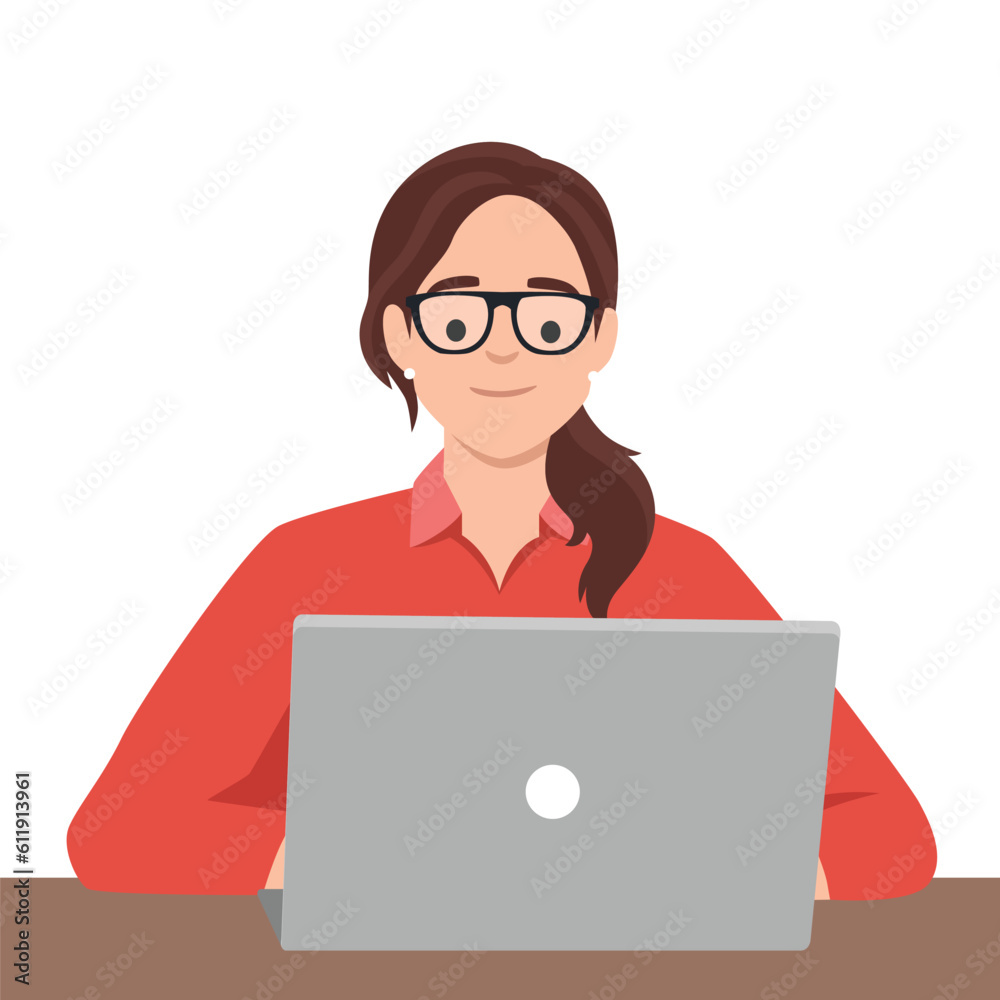 Business woman lady entrepreneur in a suit working on a laptop computer at her clean and sleek office desk. Flat vector illustration isolated on white background Business woman lady entrepreneur in a suit working on a laptop computer at her clean and sleek office desk. Flat vector illustration isolated on white background